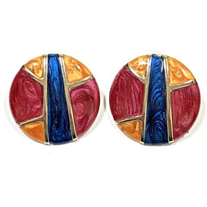 Vintage Pierced Earrings Multicolor Enamel Finish Rounds Stained Glass 1980s